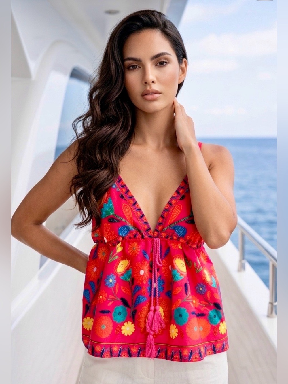 Red Floral Embroidered Tie-Front Camisole w/Adjustable Straps M